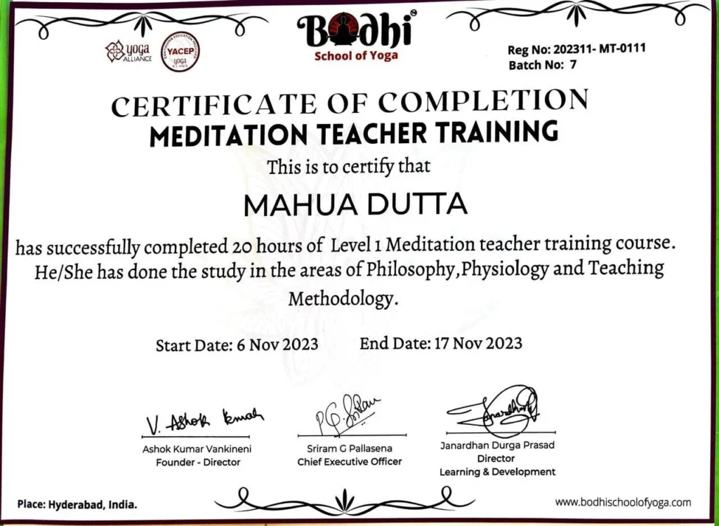 Certificate Of Completion Meditation Teacher Training