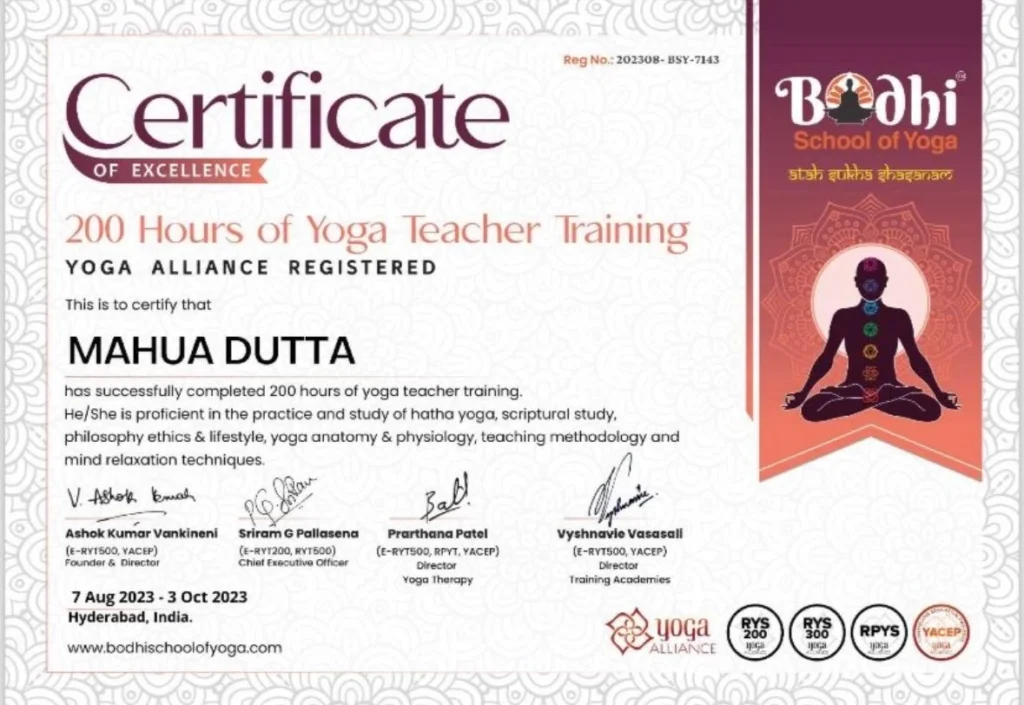 Certificate Of Excellence 200 Hours of Yoga Teacher Training