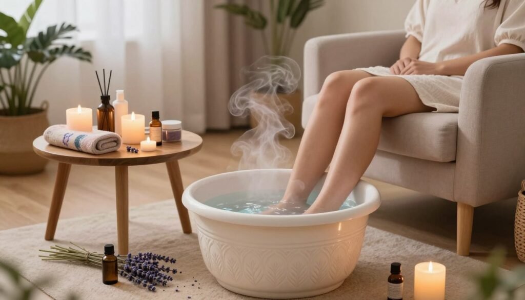 A cozy, customized foot bath setup designed for deep relaxation and restful sleep. In the foreground, a beautifully detailed ceramic foot bath filled with warm, gently steaming water, surrounded by soothing essential oils and lavender sprigs. A small, elegant wooden table nearby holds an array of calming items like candles and a soft, decorative towel. In the middle ground, a plush, inviting armchair and soft, dim lighting create an atmosphere of tranquility. The background features a serene, softly-lit room with natural decor, like potted plants and soft pastel colors, enhancing the calming ambiance. The scene is captured from a slightly elevated angle, with a focus on the foot bath, inviting a sense of peace and comfort. A cozy, customized foot bath setup designed for deep relaxation and restful sleep. In the foreground, a beautifully detailed ceramic foot bath filled with warm, gently steaming water, surrounded by soothing essential oils and lavender sprigs. A small, elegant wooden table nearby holds an array of calming items like candles and a soft, decorative towel. In the middle ground, a plush, inviting armchair and soft, dim lighting create an atmosphere of tranquility. The background features a serene, softly-lit room with natural decor, like potted plants and soft pastel colors, enhancing the calming ambiance. The scene is captured from a slightly elevated angle, with a focus on the foot bath, inviting a sense of peace and comfort.