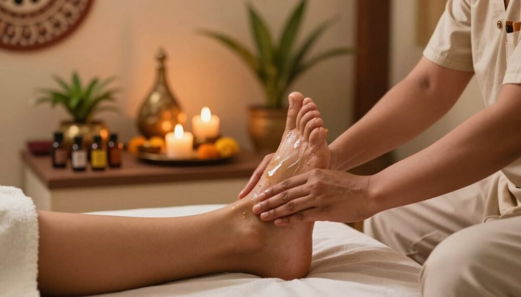 A serene Ayurvedic foot massage setting featuring a therapist gently applying herbal oil to a clientβs feet in a calming, softly lit room. In the foreground, the focus is on the therapist's hands skillfully massaging the feet, with visible details of the flow of oil and soothing textures of the skin. The middle ground showcases elegant Ayurvedic decorations, including a small altar with essential oils, candles, and plants that evoke tranquility. In the background, warm, diffused lighting creates an inviting and peaceful atmosphere with hints of traditional Indian motifs on the walls. The mood conveys relaxation and holistic healing, emphasizing the therapeutic benefits of this ancient practice. The scene avoids any text or branding, creating a pure and professional environment. A serene Ayurvedic foot massage setting featuring a therapist gently applying herbal oil to a clientβs feet in a calming, softly lit room. In the foreground, the focus is on the therapist's hands skillfully massaging the feet, with visible details of the flow of oil and soothing textures of the skin. The middle ground showcases elegant Ayurvedic decorations, including a small altar with essential oils, candles, and plants that evoke tranquility. In the background, warm, diffused lighting creates an inviting and peaceful atmosphere with hints of traditional Indian motifs on the walls. The mood conveys relaxation and holistic healing, emphasizing the therapeutic benefits of this ancient practice. The scene avoids any text or branding, creating a pure and professional environment.