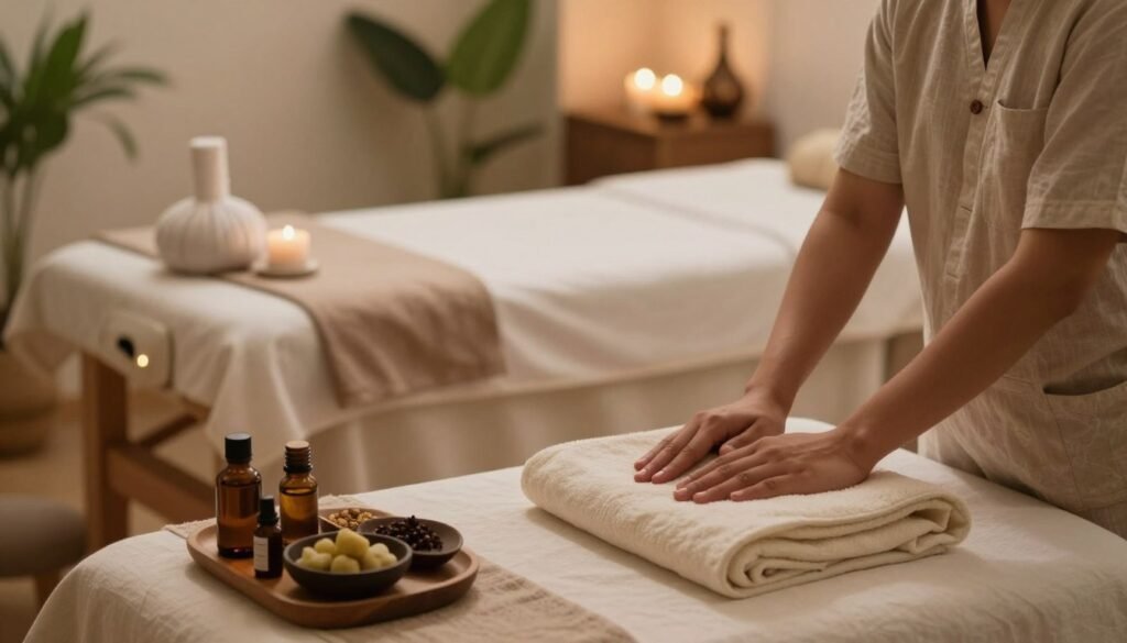 A serene and calming indoor setting for a wellness spa, featuring a beautifully arranged massage space. In the foreground, a therapist in modest casual clothing prepares a massage area with natural ingredients. There are gentle herbal oils displayed, while a peaceful ambiance is created with soft lighting. The middle ground depicts a comfortable massage table adorned with organic cotton linens and a few candles emitting a soft glow. The background includes soothing elements like green plants and traditional Ayurvedic decor. The overall mood is tranquil and inviting, conveying a sense of safety and relaxation. The angle is slightly elevated to capture the scene's peacefulness and focus on the preparation for a pada abhyanga session. A serene and calming indoor setting for a wellness spa, featuring a beautifully arranged massage space. In the foreground, a therapist in modest casual clothing prepares a massage area with natural ingredients. There are gentle herbal oils displayed, while a peaceful ambiance is created with soft lighting. The middle ground depicts a comfortable massage table adorned with organic cotton linens and a few candles emitting a soft glow. The background includes soothing elements like green plants and traditional Ayurvedic decor. The overall mood is tranquil and inviting, conveying a sense of safety and relaxation. The angle is slightly elevated to capture the scene's peacefulness and focus on the preparation for a pada abhyanga session.