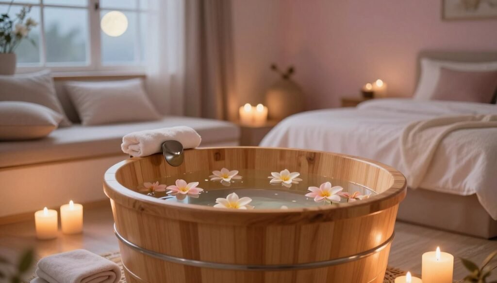 A serene and inviting bedroom scene featuring a luxurious footbath set against a calming backdrop. In the foreground, a beautifully designed wooden footbath filled with warm, soothing water, surrounded by soft, aromatic candles casting a gentle glow. Delicate flowers float on the water's surface, enhancing the ambiance. In the middle ground, a plush towel lies nearby, inviting relaxation. The background reveals a softly lit room with warm, pastel wall colors, and comfortable cushions arranged for resting. A large window allows the soft moonlight to filter in, creating tranquil shadows. The mood is peaceful and tranquil, capturing the essence of deep relaxation and the ideal environment for restful sleep. The scene is softly illuminated, emphasizing warmth and comfort, suggesting a welcoming atmosphere for a bedtime ritual. A serene and inviting bedroom scene featuring a luxurious footbath set against a calming backdrop. In the foreground, a beautifully designed wooden footbath filled with warm, soothing water, surrounded by soft, aromatic candles casting a gentle glow. Delicate flowers float on the water's surface, enhancing the ambiance. In the middle ground, a plush towel lies nearby, inviting relaxation. The background reveals a softly lit room with warm, pastel wall colors, and comfortable cushions arranged for resting. A large window allows the soft moonlight to filter in, creating tranquil shadows. The mood is peaceful and tranquil, capturing the essence of deep relaxation and the ideal environment for restful sleep. The scene is softly illuminated, emphasizing warmth and comfort, suggesting a welcoming atmosphere for a bedtime ritual.