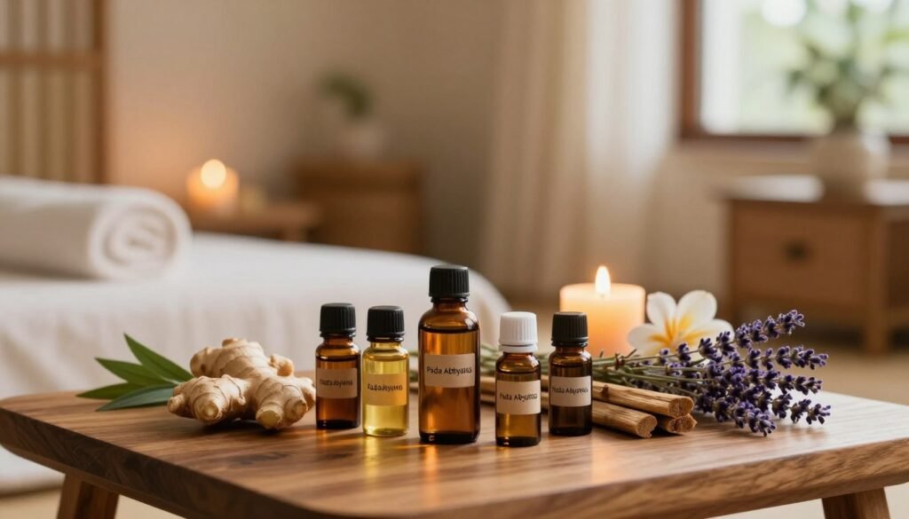 A serene and inviting setting for essential oils used in Pada Abhyanga, featuring a neatly arranged wooden table in the foreground displaying small, elegant glass bottles of various essential oils, each labeled with their names. Next to the oils, vibrant herbs like ginger, sandalwood, and lavender are artfully placed, enhancing the natural theme. In the middle ground, soothing elements like a gently flickering candle and fresh flowers add warmth. The background showcases a softly lit, tranquil spa room with soft bamboo accents and a subtle hint of greenery through a window, suggesting a peaceful atmosphere. The lighting is warm and diffuse, creating a calming ambiance. The mood is one of holistic wellness and relaxation, perfect for illustrating the therapeutic benefits of Ayurvedic practices. A serene and inviting setting for essential oils used in Pada Abhyanga, featuring a neatly arranged wooden table in the foreground displaying small, elegant glass bottles of various essential oils, each labeled with their names. Next to the oils, vibrant herbs like ginger, sandalwood, and lavender are artfully placed, enhancing the natural theme. In the middle ground, soothing elements like a gently flickering candle and fresh flowers add warmth. The background showcases a softly lit, tranquil spa room with soft bamboo accents and a subtle hint of greenery through a window, suggesting a peaceful atmosphere. The lighting is warm and diffuse, creating a calming ambiance. The mood is one of holistic wellness and relaxation, perfect for illustrating the therapeutic benefits of Ayurvedic practices.