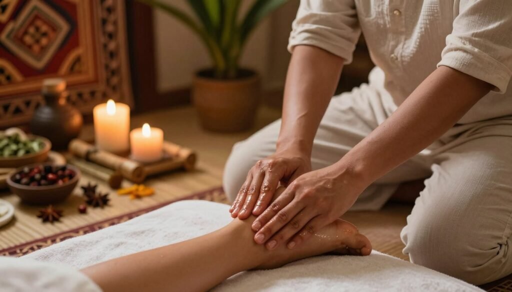 A serene ayurvedic foot massage scene, featuring a calm and focused therapist in modest casual attire gently applying traditional techniques. The foreground includes close-up details of the therapist's hands skillfully performing the massage on a client's foot, showcasing the use of warm herbal oils. In the middle ground, a soothing, culturally-inspired massage space with natural elements like bamboo, spices, and candles creates a tranquil atmosphere. Soft, warm lighting illuminates the scene, enhancing the relaxed mood, while the background includes subtle hints of greenery and intricate fabric patterns that evoke a sense of well-being. The angle captures both the therapeutic process and the peaceful ambiance, emphasizing the holistic essence of the Ayurvedic practice. A serene ayurvedic foot massage scene, featuring a calm and focused therapist in modest casual attire gently applying traditional techniques. The foreground includes close-up details of the therapist's hands skillfully performing the massage on a client's foot, showcasing the use of warm herbal oils. In the middle ground, a soothing, culturally-inspired massage space with natural elements like bamboo, spices, and candles creates a tranquil atmosphere. Soft, warm lighting illuminates the scene, enhancing the relaxed mood, while the background includes subtle hints of greenery and intricate fabric patterns that evoke a sense of well-being. The angle captures both the therapeutic process and the peaceful ambiance, emphasizing the holistic essence of the Ayurvedic practice.