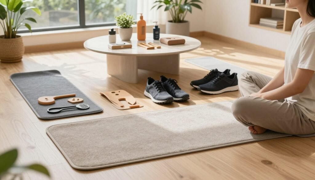 A serene indoor setting showcasing a range of earthing products, including earthing mats, grounding sheets, and conductive footwear, artistically arranged on a light wooden floor. In the foreground, place a soft, neutral-toned earthing mat, with a person in modest casual clothing sitting cross-legged on it, appearing relaxed and at ease. The middle layer features various earthing tools displayed on a stylish coffee table, surrounded by potted plants that contribute to a calming atmosphere. In the background, large windows filter in natural sunlight, casting gentle shadows and highlighting the products. The overall mood is peaceful and restorative, evoking a sense of wellness and connection to nature. The scene is captured from a slightly elevated angle, showcasing all elements harmoniously. A serene indoor setting showcasing a range of earthing products, including earthing mats, grounding sheets, and conductive footwear, artistically arranged on a light wooden floor. In the foreground, place a soft, neutral-toned earthing mat, with a person in modest casual clothing sitting cross-legged on it, appearing relaxed and at ease. The middle layer features various earthing tools displayed on a stylish coffee table, surrounded by potted plants that contribute to a calming atmosphere. In the background, large windows filter in natural sunlight, casting gentle shadows and highlighting the products. The overall mood is peaceful and restorative, evoking a sense of wellness and connection to nature. The scene is captured from a slightly elevated angle, showcasing all elements harmoniously.