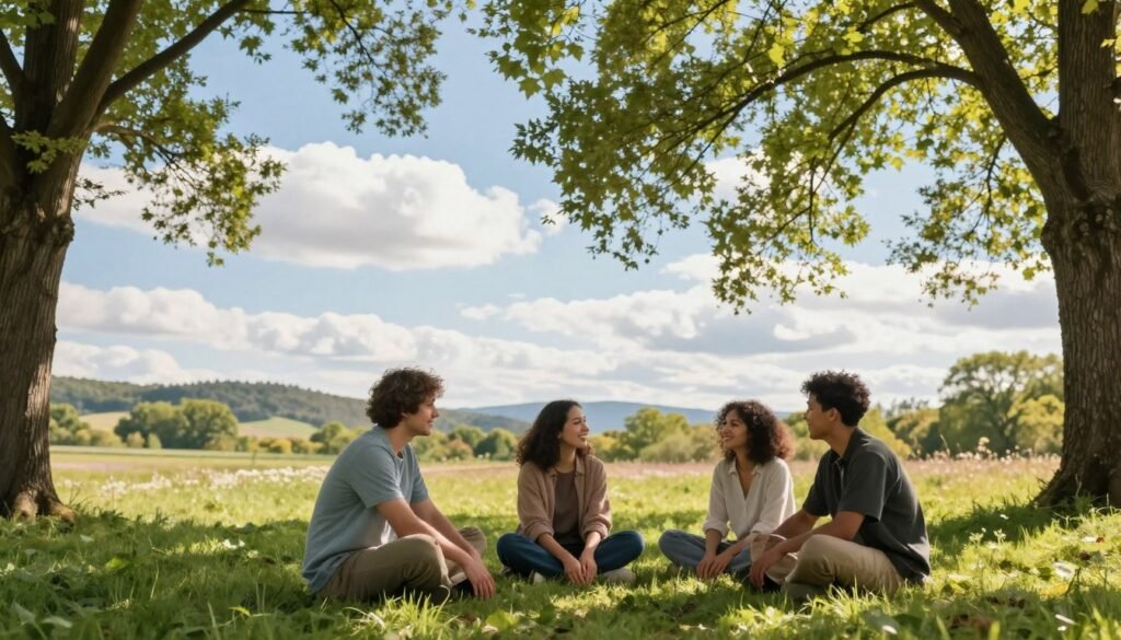 A serene outdoor scene illustrating the mental and emotional benefits of grounding. In the foreground, a diverse group of three individuals, dressed in modest casual clothing, are sitting on lush green grass, smiling and engaged in conversation, their hands touching the earth. In the middle ground, a clear blue sky with fluffy white clouds enhances the sense of peace. Surrounding trees provide soft dappled sunlight filtering through the leaves, casting gentle patterns on the ground. In the background, a picturesque landscape of rolling hills and blooming wildflowers reflects tranquility and connection to nature. The mood is uplifting and calming, conveying relaxation and well-being. Use a wide-angle lens to capture the expansive beauty of the environment, with warm, natural lighting to enhance the inviting atmosphere. A serene outdoor scene illustrating the mental and emotional benefits of grounding. In the foreground, a diverse group of three individuals, dressed in modest casual clothing, are sitting on lush green grass, smiling and engaged in conversation, their hands touching the earth. In the middle ground, a clear blue sky with fluffy white clouds enhances the sense of peace. Surrounding trees provide soft dappled sunlight filtering through the leaves, casting gentle patterns on the ground. In the background, a picturesque landscape of rolling hills and blooming wildflowers reflects tranquility and connection to nature. The mood is uplifting and calming, conveying relaxation and well-being. Use a wide-angle lens to capture the expansive beauty of the environment, with warm, natural lighting to enhance the inviting atmosphere.