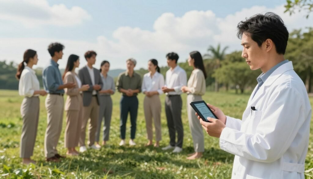A serene outdoor scene illustrating the scientific concept of earthing, featuring a diverse group of people in professional business attire or modest casual clothing, standing barefoot on lush green grass, connecting with the earth. In the foreground, a scientist holds a digital device displaying data on the health benefits of earthing, their expression focused and contemplative. The middle ground features a small gathering, with individuals engaged in discussions, surrounded by nature. The background showcases a bright blue sky with fluffy white clouds and trees swaying gently in a warm breeze. Soft, natural lighting enhances the tranquil atmosphere, creating a sense of calm and well-being that resonates with the theme of the earthing effect on the human body. A serene outdoor scene illustrating the scientific concept of earthing, featuring a diverse group of people in professional business attire or modest casual clothing, standing barefoot on lush green grass, connecting with the earth. In the foreground, a scientist holds a digital device displaying data on the health benefits of earthing, their expression focused and contemplative. The middle ground features a small gathering, with individuals engaged in discussions, surrounded by nature. The background showcases a bright blue sky with fluffy white clouds and trees swaying gently in a warm breeze. Soft, natural lighting enhances the tranquil atmosphere, creating a sense of calm and well-being that resonates with the theme of the earthing effect on the human body.