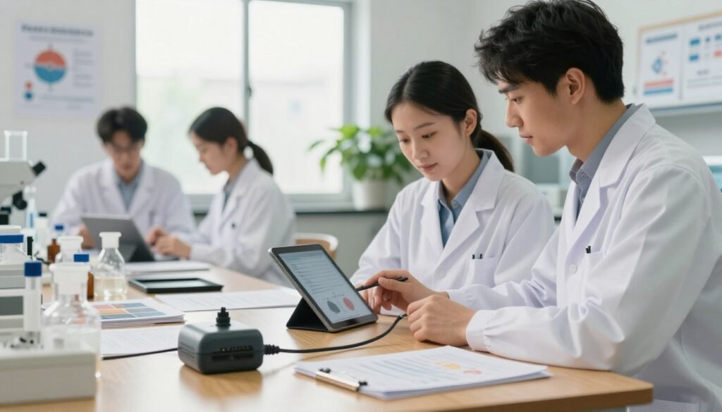 A serene research laboratory setting focused on earthing studies, with a diverse group of two scientists (a woman and a man) dressed in professional lab coats, examining data on a digital tablet. In the foreground, a close-up of a grounded connection device resting on a wooden table, surrounded by scattered papers and earthing research materials. The middle ground features a large, bright window allowing natural light to flood in, illuminating charts and diagrams on the walls about the health benefits of earthing. The background showcases a green indoor plant, symbolizing wellness. The atmosphere is calm and focused, with a soft, warm light highlighting the subjects, shot at eye level with a slightly blurred background for depth. The composition conveys a sense of discovery and scientific inquiry. A serene research laboratory setting focused on earthing studies, with a diverse group of two scientists (a woman and a man) dressed in professional lab coats, examining data on a digital tablet. In the foreground, a close-up of a grounded connection device resting on a wooden table, surrounded by scattered papers and earthing research materials. The middle ground features a large, bright window allowing natural light to flood in, illuminating charts and diagrams on the walls about the health benefits of earthing. The background showcases a green indoor plant, symbolizing wellness. The atmosphere is calm and focused, with a soft, warm light highlighting the subjects, shot at eye level with a slightly blurred background for depth. The composition conveys a sense of discovery and scientific inquiry.